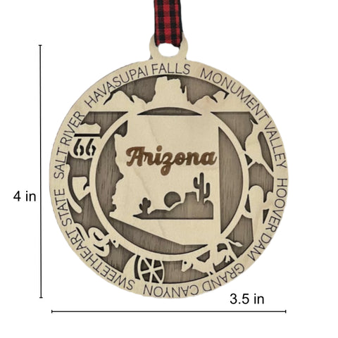 Arizona State Highlights Ornament: A festive decoration featuring iconic symbols and landmarks of Arizona, capturing the essence of the Grand Canyon State in a delightful holiday keepsake.