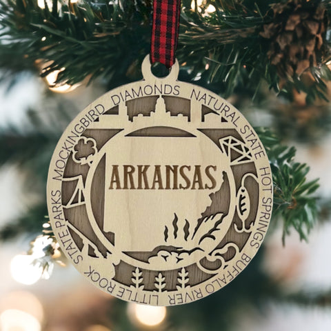 Arkansas State Highlights Ornament: A festive holiday decoration showcasing the natural beauty and cultural heritage of Arkansas, featuring iconic landmarks and symbols that celebrate the charm of the Natural State.