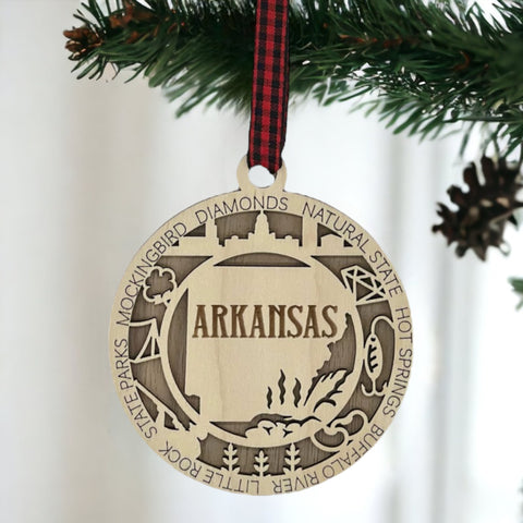 Arkansas State Highlights Ornament: A festive holiday decoration showcasing the natural beauty and cultural heritage of Arkansas, featuring iconic landmarks and symbols that celebrate the charm of the Natural State.