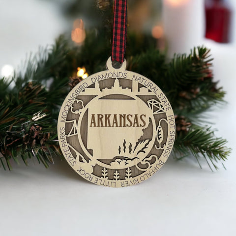 Arkansas State Highlights Ornament: A festive holiday decoration showcasing the natural beauty and cultural heritage of Arkansas, featuring iconic landmarks and symbols that celebrate the charm of the Natural State.