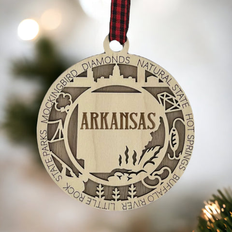 Arkansas State Highlights Ornament: A festive holiday decoration showcasing the natural beauty and cultural heritage of Arkansas, featuring iconic landmarks and symbols that celebrate the charm of the Natural State.