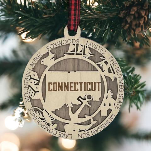 Connecticut State Highlights Ornament: A beautifully crafted decoration showcasing the essence of Connecticut, adorned with iconic landmarks, cultural symbols, and scenic beauty, capturing the spirit and charm of the Constitution State in a festive ornament.