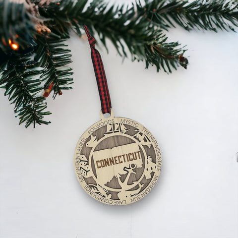 Connecticut State Highlights Ornament: A beautifully crafted decoration showcasing the essence of Connecticut, adorned with iconic landmarks, cultural symbols, and scenic beauty, capturing the spirit and charm of the Constitution State in a festive ornament.