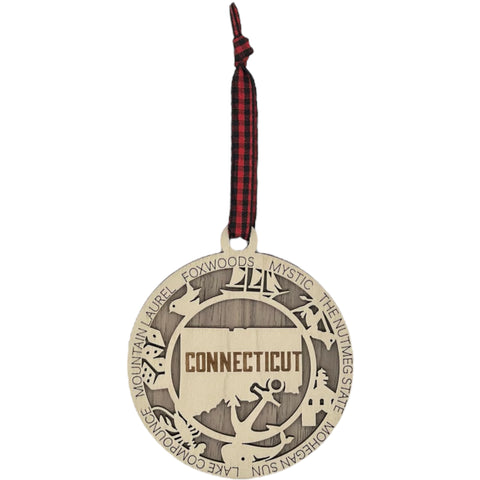Connecticut State Highlights Ornament: A beautifully crafted decoration showcasing the essence of Connecticut, adorned with iconic landmarks, cultural symbols, and scenic beauty, capturing the spirit and charm of the Constitution State in a festive ornament.