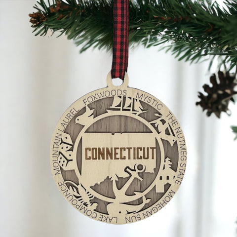 Connecticut State Highlights Ornament: A beautifully crafted decoration showcasing the essence of Connecticut, adorned with iconic landmarks, cultural symbols, and scenic beauty, capturing the spirit and charm of the Constitution State in a festive ornament.