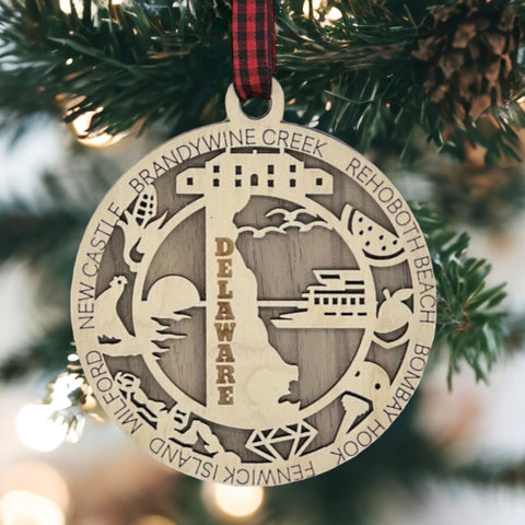Delaware State Highlights Ornament: A delightful decoration capturing the essence of Delaware with iconic landmarks, historical symbols, and scenic wonders, beautifully crafted to celebrate the charm and uniqueness of the First State.