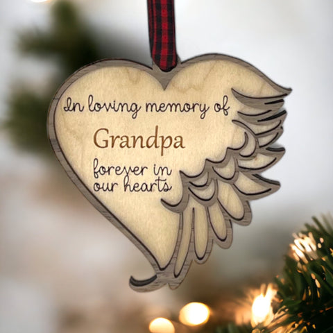 Thoughtfully crafted personalized memorial ornament in remembrance of Grandpa. A special tribute capturing his enduring spirit and love, creating a cherished keepsake to honor his memory during the holiday season.