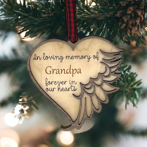 Thoughtfully crafted personalized memorial ornament in remembrance of Grandpa. A special tribute capturing his enduring spirit and love, creating a cherished keepsake to honor his memory during the holiday season.