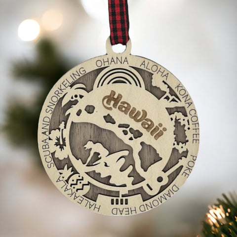 Capture the Spirit of Aloha! Elevate your holiday decor with our Hawaii State Highlights Ornament. From stunning beaches to majestic volcanoes, bring the essence of paradise to your tree!