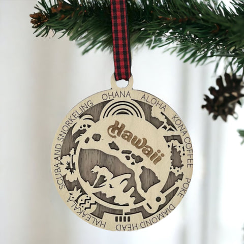 Capture the Spirit of Aloha! Elevate your holiday decor with our Hawaii State Highlights Ornament. From stunning beaches to majestic volcanoes, bring the essence of paradise to your tree!