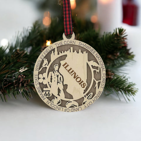 Elevate your holiday with the essence of Illinois! Our State Highlights Ornament captures the iconic landmarks and spirit of the Prairie State. Bring a touch of Illinois charm to your festive decor.