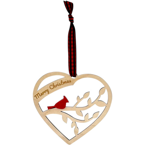 A wooden heart-shaped ornament adorned with intricate carvings. The words 'Merry Christmas' are elegantly engraved across the top of the heart. This memorial ornament captures the spirit of Christmas with its heartfelt design.