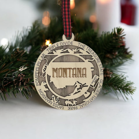 Elevate your tree with a touch of Big Sky State beauty! Our Montana Highlights Ornament captures the essence of the wilderness and iconic moments.