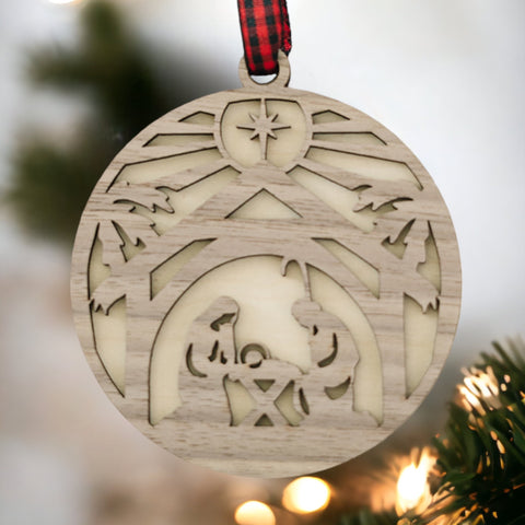 Handcrafted wooden nativity scene ornament depicting the holy family in a serene manger setting, capturing the timeless beauty of the Christmas story.