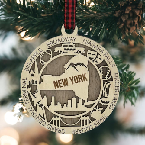 Capture the Empire State's magic with our New York State Highlights Ornament! A miniature masterpiece featuring iconic landmarks and vibrant scenes. Elevate your holiday décor with a touch of New York charm.