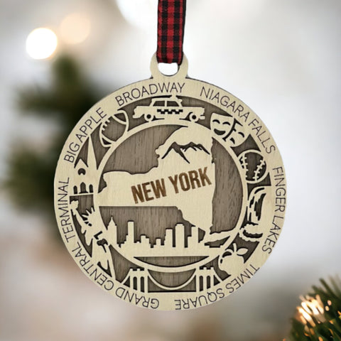 Capture the Empire State's magic with our New York State Highlights Ornament! A miniature masterpiece featuring iconic landmarks and vibrant scenes. Elevate your holiday décor with a touch of New York charm.