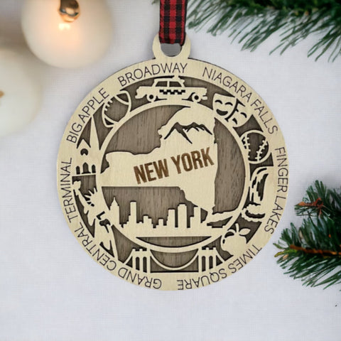 Capture the Empire State's magic with our New York State Highlights Ornament! A miniature masterpiece featuring iconic landmarks and vibrant scenes. Elevate your holiday décor with a touch of New York charm.