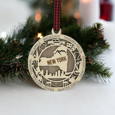 Capture the Empire State's magic with our New York State Highlights Ornament! A miniature masterpiece featuring iconic landmarks and vibrant scenes. Elevate your holiday décor with a touch of New York charm.