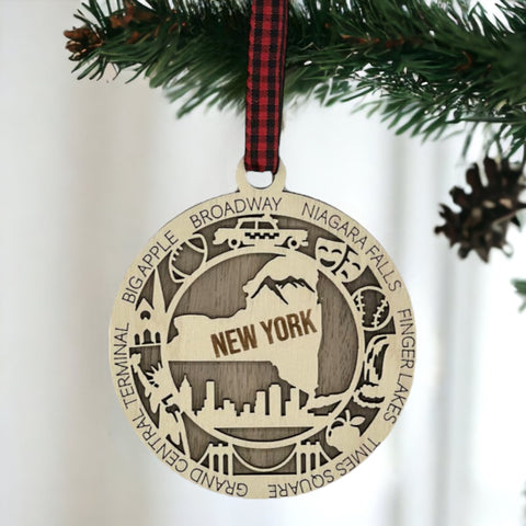 Capture the Empire State's magic with our New York State Highlights Ornament! A miniature masterpiece featuring iconic landmarks and vibrant scenes. Elevate your holiday décor with a touch of New York charm.