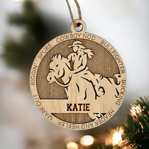 Embrace the wild west with our Personalized Female Rodeo Ornament! Tailored for rodeo enthusiasts, this custom keepsake adds a personal touch to your tree. Celebrate the cowgirl in your life with this spirited ornament. Customize now for a rodeo-ready touch in holiday decor – order your Personalized Female Rodeo Ornament today!