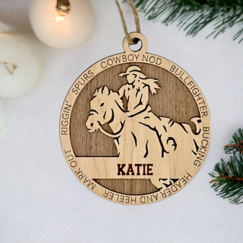 Embrace the wild west with our Personalized Female Rodeo Ornament! Tailored for rodeo enthusiasts, this custom keepsake adds a personal touch to your tree. Celebrate the cowgirl in your life with this spirited ornament. Customize now for a rodeo-ready touch in holiday decor – order your Personalized Female Rodeo Ornament today!