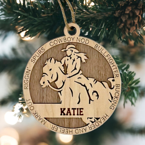 Embrace the wild west with our Personalized Female Rodeo Ornament! Tailored for rodeo enthusiasts, this custom keepsake adds a personal touch to your tree. Celebrate the cowgirl in your life with this spirited ornament. Customize now for a rodeo-ready touch in holiday decor – order your Personalized Female Rodeo Ornament today!