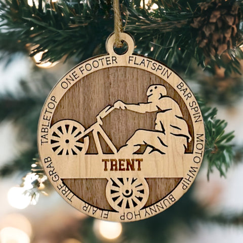 Wheel into the holiday spirit with our Personalized Male BMX Ornament! Crafted for BMX enthusiasts, this custom keepsake adds a personal touch to your tree. Celebrate the speed and thrill of your rider with this spirited ornament. Customize now for a pedal-powered touch in holiday decor – order your Personalized Male BMX Ornament today!