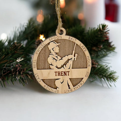 Reel in the holiday joy with our Personalized Male Fishing Ornament! Crafted for fishing enthusiasts, this custom keepsake adds a personal touch to your tree. Celebrate the catch and passion of your angler with this spirited ornament. Customize now for a reel-y unique touch in holiday decor – order your Personalized Male Fishing Ornament today!