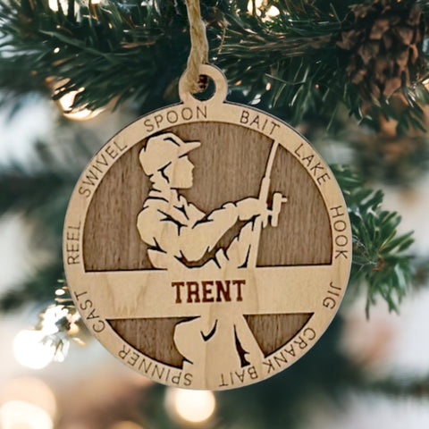 Reel in the holiday joy with our Personalized Male Fishing Ornament! Crafted for fishing enthusiasts, this custom keepsake adds a personal touch to your tree. Celebrate the catch and passion of your angler with this spirited ornament. Customize now for a reel-y unique touch in holiday decor – order your Personalized Male Fishing Ornament today!
