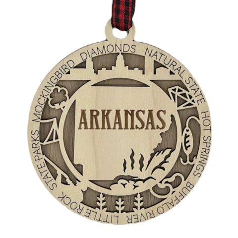 Arkansas State Highlights Ornament: A festive holiday decoration showcasing the natural beauty and cultural heritage of Arkansas, featuring iconic landmarks and symbols that celebrate the charm of the Natural State.