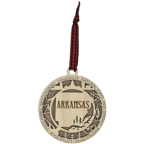 Arkansas State Highlights Ornament: A festive holiday decoration showcasing the natural beauty and cultural heritage of Arkansas, featuring iconic landmarks and symbols that celebrate the charm of the Natural State.