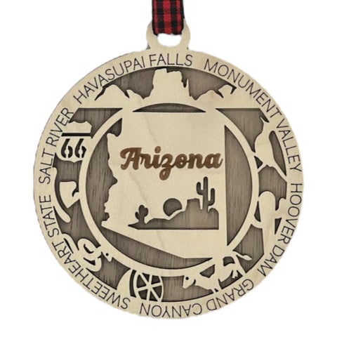 Arizona State Highlights Ornament: A festive decoration featuring iconic symbols and landmarks of Arizona, capturing the essence of the Grand Canyon State in a delightful holiday keepsake.