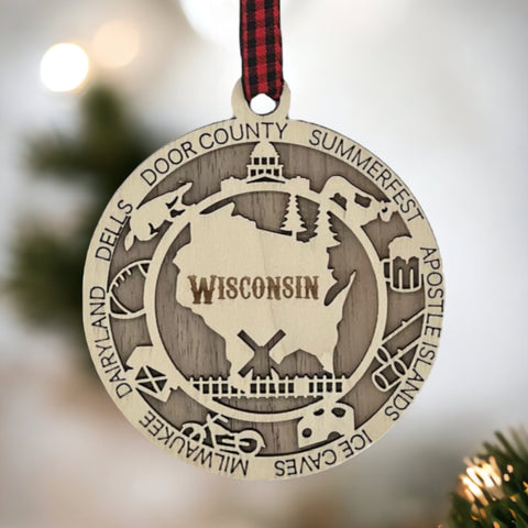 Enrich your holiday with the Wisconsin State Highlights Ornament. A timeless tribute to the Badger State's charm and beauty. Bring home a touch of Wisconsin's spirit this festive season.