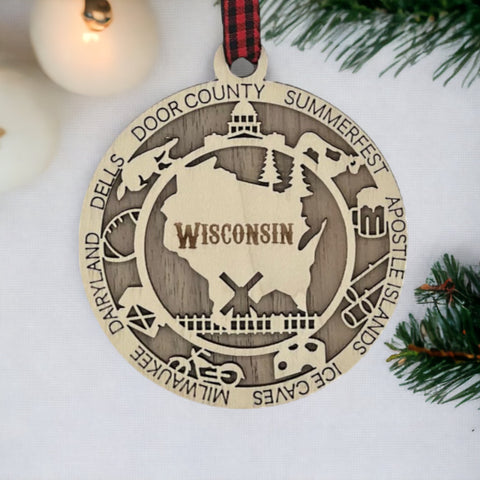 Enrich your holiday with the Wisconsin State Highlights Ornament. A timeless tribute to the Badger State's charm and beauty. Bring home a touch of Wisconsin's spirit this festive season.