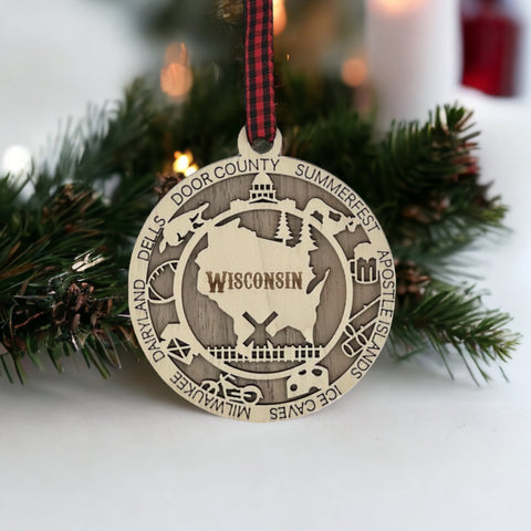 Enrich your holiday with the Wisconsin State Highlights Ornament. A timeless tribute to the Badger State's charm and beauty. Bring home a touch of Wisconsin's spirit this festive season.