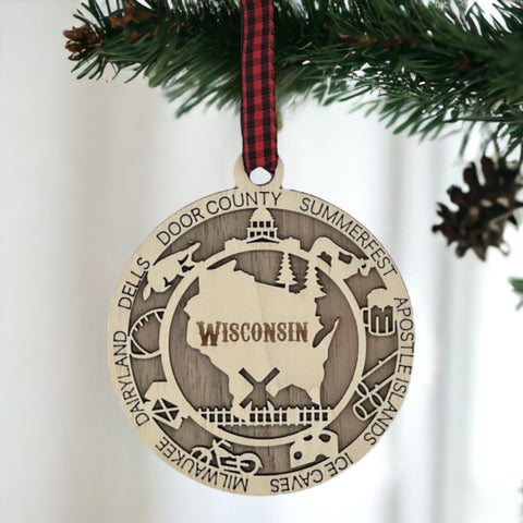 Enrich your holiday with the Wisconsin State Highlights Ornament. A timeless tribute to the Badger State's charm and beauty. Bring home a touch of Wisconsin's spirit this festive season.