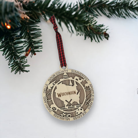 Enrich your holiday with the Wisconsin State Highlights Ornament. A timeless tribute to the Badger State's charm and beauty. Bring home a touch of Wisconsin's spirit this festive season.