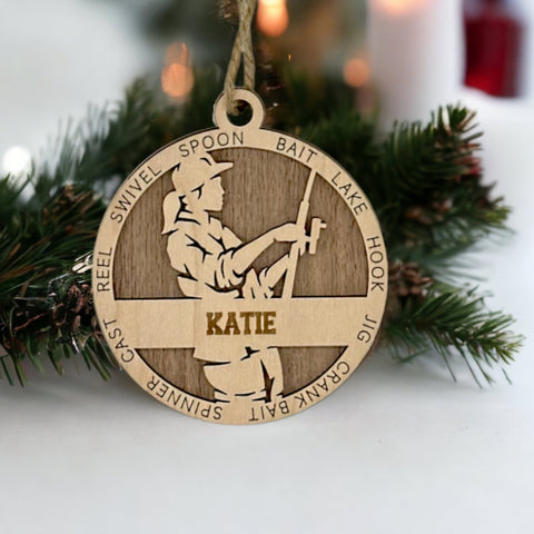 Tailored for fishing enthusiasts, this custom keepsake adds a personal touch to your tree. Celebrate the catch and passion of your angler with this spirited ornament. Customize now for a reel-y unique touch in holiday decor – order your Personalized Female Fishing Ornament today!