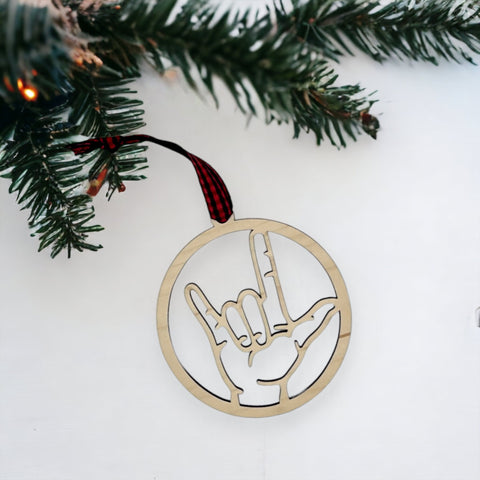 Elegant ASL (American Sign Language) 'I Love You' ornament, a beautiful symbol of love and inclusivity. Celebrate the spirit of connection and communication with this heartfelt decoration, perfect for the holiday season and beyond.