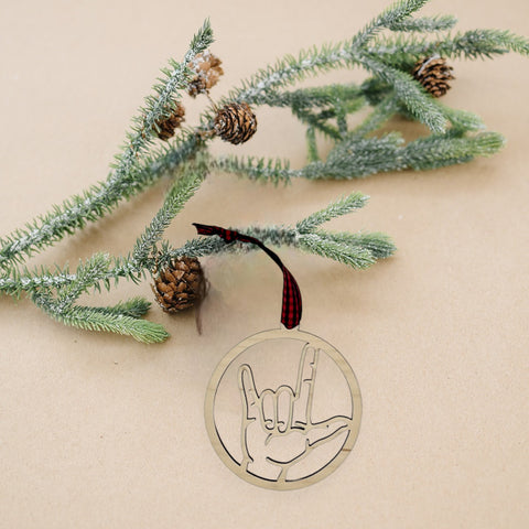 Elegant ASL (American Sign Language) 'I Love You' ornament, a beautiful symbol of love and inclusivity. Celebrate the spirit of connection and communication with this heartfelt decoration, perfect for the holiday season and beyond.