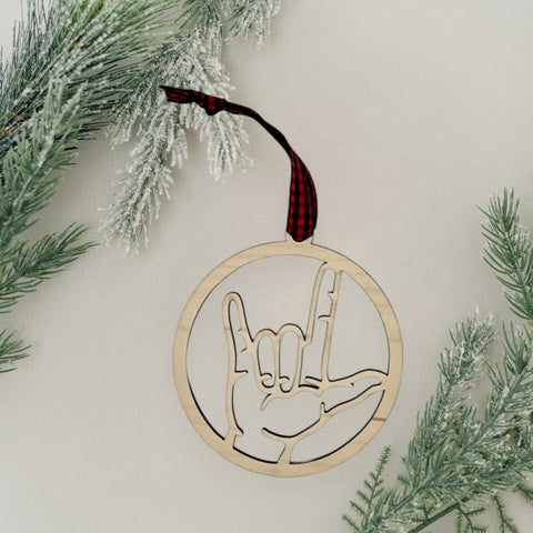 Elegant ASL (American Sign Language) 'I Love You' ornament, a beautiful symbol of love and inclusivity. Celebrate the spirit of connection and communication with this heartfelt decoration, perfect for the holiday season and beyond.