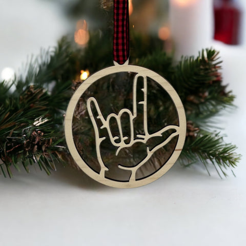 Elegant ASL (American Sign Language) 'I Love You' ornament, a beautiful symbol of love and inclusivity. Celebrate the spirit of connection and communication with this heartfelt decoration, perfect for the holiday season and beyond.