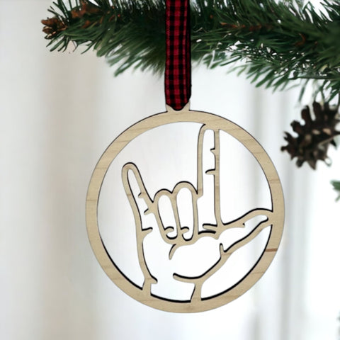 Elegant ASL (American Sign Language) 'I Love You' ornament, a beautiful symbol of love and inclusivity. Celebrate the spirit of connection and communication with this heartfelt decoration, perfect for the holiday season and beyond.