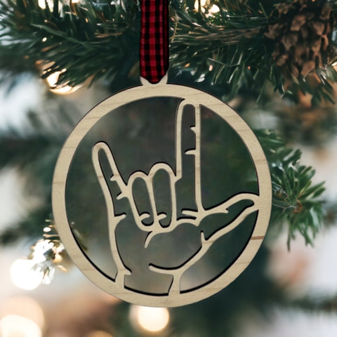 Elegant ASL (American Sign Language) 'I Love You' ornament, a beautiful symbol of love and inclusivity. Celebrate the spirit of connection and communication with this heartfelt decoration, perfect for the holiday season and beyond.