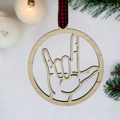 Elegant ASL (American Sign Language) 'I Love You' ornament, a beautiful symbol of love and inclusivity. Celebrate the spirit of connection and communication with this heartfelt decoration, perfect for the holiday season and beyond.