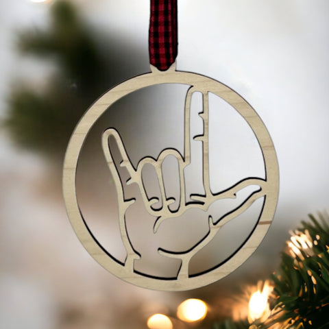 Elegant ASL (American Sign Language) 'I Love You' ornament, a beautiful symbol of love and inclusivity. Celebrate the spirit of connection and communication with this heartfelt decoration, perfect for the holiday season and beyond.