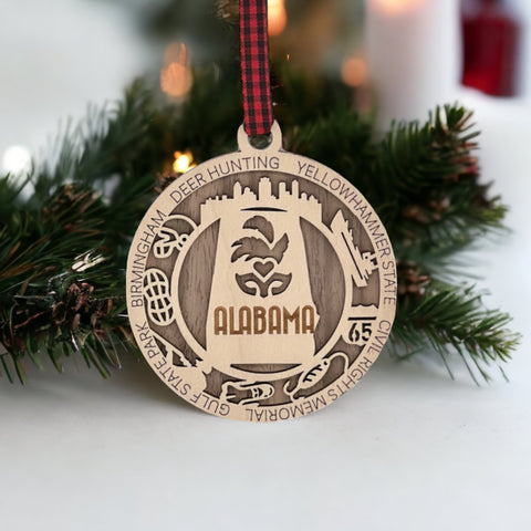 An intricately crafted Alabama State Highlights Ornament featuring iconic landmarks and symbols, showcasing the rich heritage and vibrant culture of the Heart of Dixie.