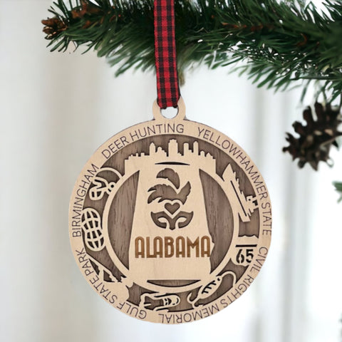 An intricately crafted Alabama State Highlights Ornament featuring iconic landmarks and symbols, showcasing the rich heritage and vibrant culture of the Heart of Dixie.