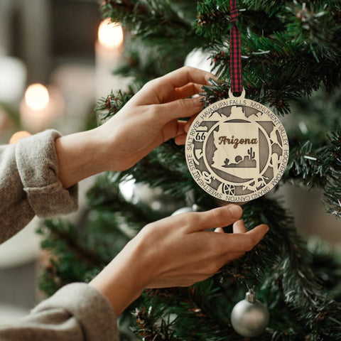 Arizona State Highlights Ornament: A festive decoration featuring iconic symbols and landmarks of Arizona, capturing the essence of the Grand Canyon State in a delightful holiday keepsake.