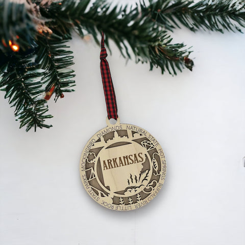 Arkansas State Highlights Ornament: A festive holiday decoration showcasing the natural beauty and cultural heritage of Arkansas, featuring iconic landmarks and symbols that celebrate the charm of the Natural State.